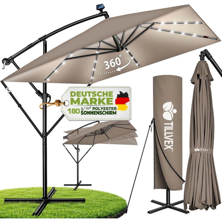 tillvex® Alu Sonnenschirm Rechteckig Ø 330 cm mit LED Solar Cappuccino + Abdeckung mit Kurbel | Ampelschirm mit Ständer & Windschutz | Gartenschirm UV-Schutz, wasserdicht, 360° drehbar | Kurbelschirm Marktschirm – Bild 1