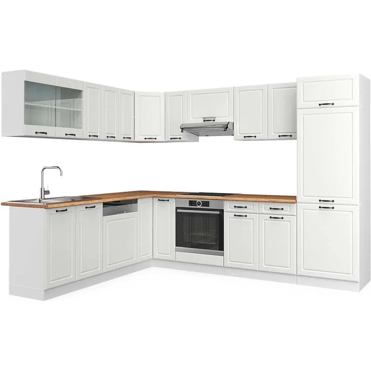 Eckküche R-Line Weiß Landhaus/Weiß 287 x 60 cm , AP Eiche Vicco