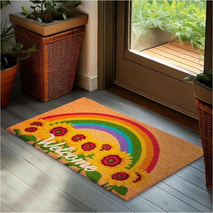 BRUBAKER Fußmatte Welcome Schriftzug mit Sonnenblumen und Regenbogen - Schmutzfangmatte, Rechteckig, Höhe: 15 mm, Türmatte für Außen und Innen - Wetterfest und Rutschfest - 45 x 75 cm