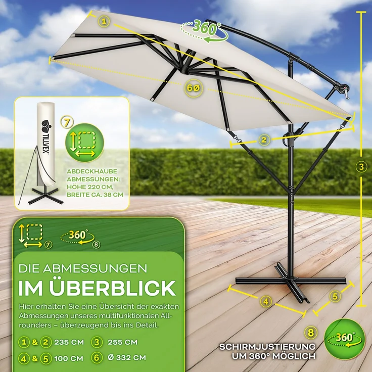 tillvex® Ampelschirm Eckig mit Ständer & Windschutz, Abdeckung mit Kurbel, Aluminium beige, Ø 330 cm – Bild 3