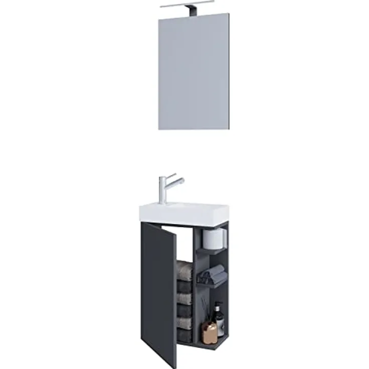 VCM Badmöbelset Lumia, 3-tlg. Gäste WC Set mit Waschbecken aus Keramik, Unterschrank mit Drehtür und Spiegel, H. 70 x B. 40 x T. 22 cm