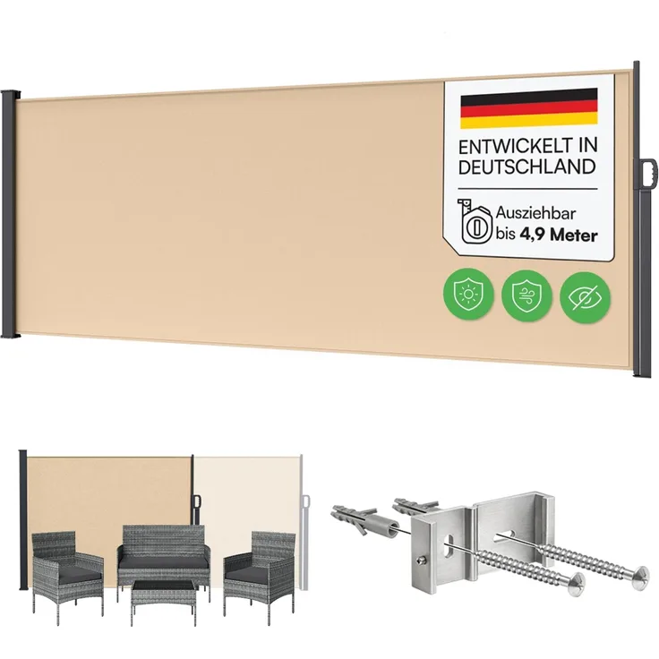 STEELSØN 'Zirella' Seitenmarkise mit Aluminium-Kassette, ausziehbar, 200x485 cm, beige/anthrazit, wetterfest und blickdicht