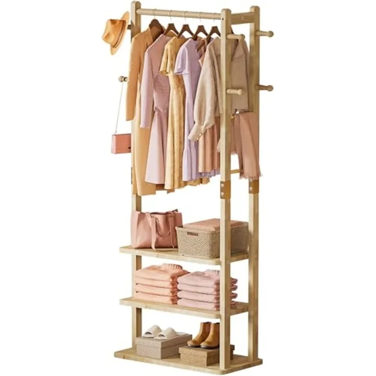 Yorbay Kleiderständer Garderobenständer aus Massivholz mit Ablagebrettern & Haken, Offener Kleiderschrank für Flur, Schlafzimmer