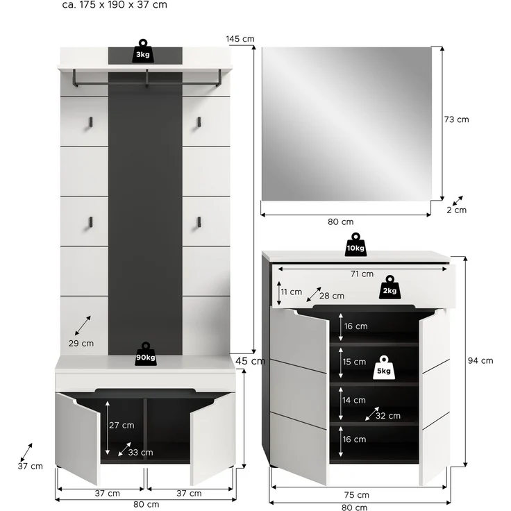 Garderobenkombination (B/H/T: 175x190x37 cm) in weiß Nachbildung – Bild 4