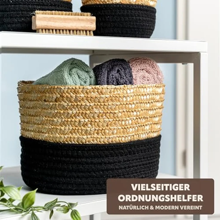 Aufbewahrungskorb, Baumwolle/ Strohgeflecht Ø 24 cm, schwarz – Bild 3