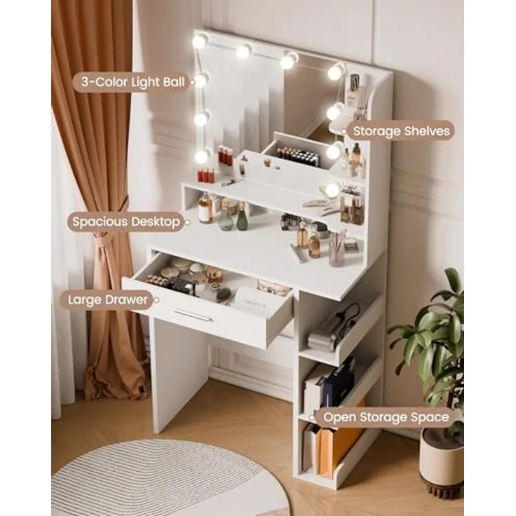 Mondeer Schminktisch mit Spiegel und 10 LED-Lichtkugeln, Frisiertisch mit 1 Schublade und 7 Offenen Fächern, 3 Farben mit Einstellbarer Helligkeit, Weiß, 67 x 36 x 138 cm – Bild 4