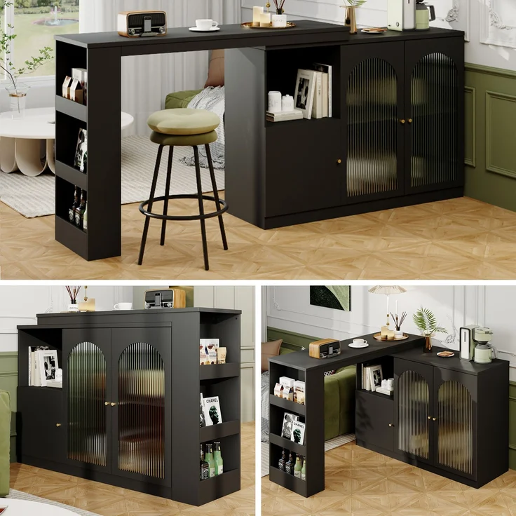 ZUBALIYA Drehbarer Bartisch 120 x 40 cm, mit Stauraum, mit Glastüren, MDF, Schwarz – Bild 8
