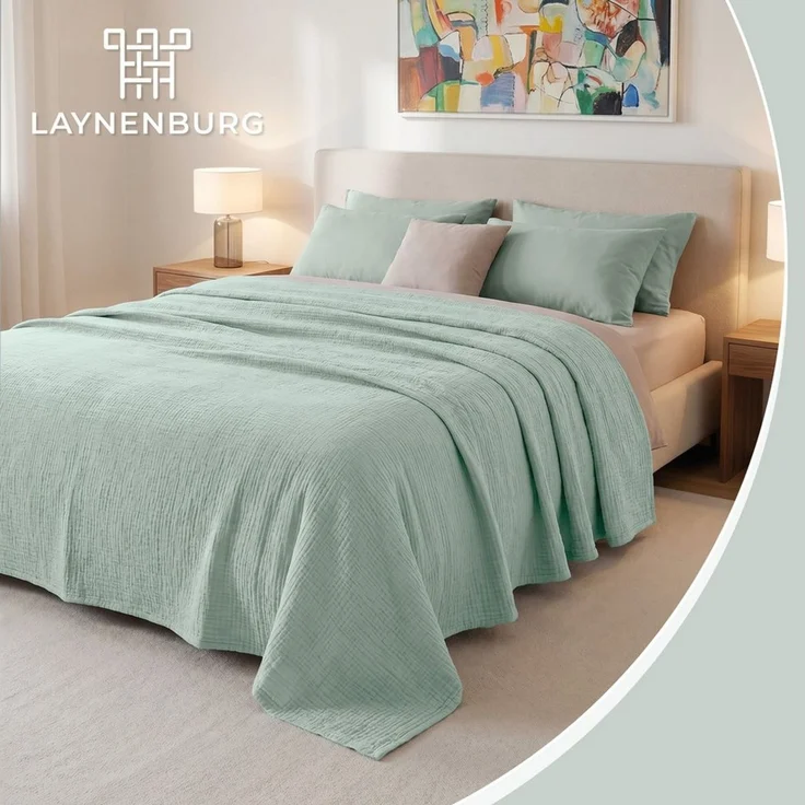 Laynenburg Tagesdecke Musselin aus 100% Baumwolle – Baumwolldecke, Kuscheldecke, Wohndecke als Sommerdecke, Bett-Überwurf, Couch-Überwurf, Sofa-Decke – Bild 2