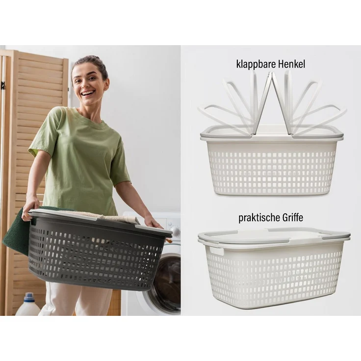 Hausfelder Wäschekorb Wäschewanne 58x37x25cm (Weiß, 3 Körbe, 35 l) (Set, 3 St, 3 x Wäschekörbe), mit klappbaren Henkeln, mit Griffen, 35 Liter – Bild 2