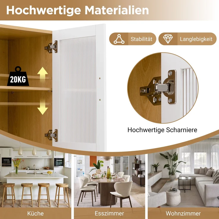 Merax Highboard mit verstellbaren Regalböden und Schubladen, Buffetschrank mit ausziehbaren Regalböden und Riffelglas(Weiß+Natur) – Bild 7