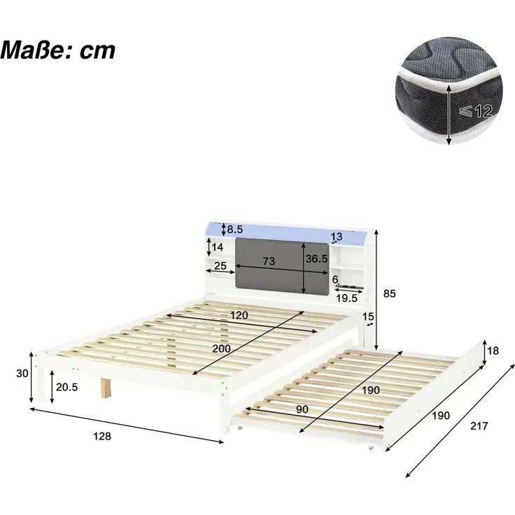 Massivholzbett mit RGB LED-Streifen, Stauraum, Lattenrost, Ausziehbett, Type-C und USB, Kopfteil mit Regal, 120x200 cm, Einzelbett, Kiefer – Bild 5