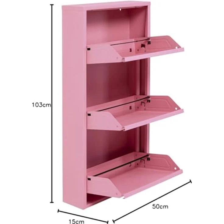 Kare Design Schuhschrank Caruso, Rosa, Stahl, mit 3 Klappen, Schuhablage für 6 Paar Schuhe, schmal, platzsparend, hoch, Schuhregal, Eingangsbereich, 103 x 50 x 15 cm (H/B/T) – Bild 4