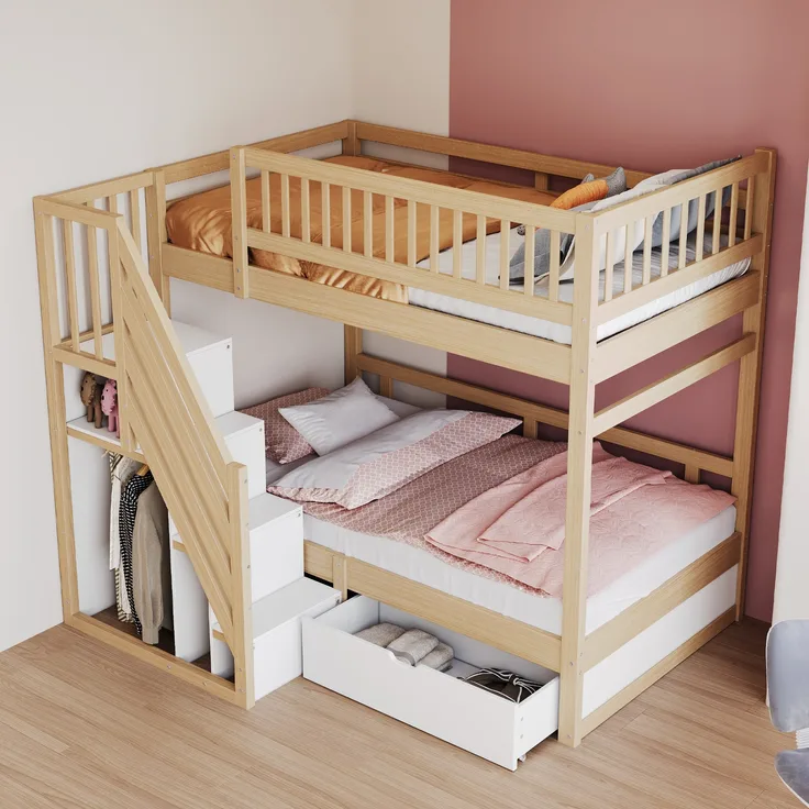 Etagenbett, Mit Hohem Sicherheitsgitter, Mit Lattenrost, Sicherheitsleiter mit Stauraum, Mit Stauschubladen, Kinderbett Jugendbett, Aus Massivholz, Holzfarbe, 90 x 200 cm