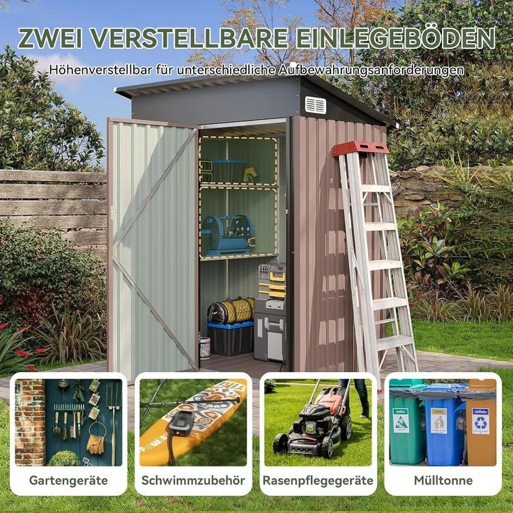 Aoxun Metall Gerätehaus mit Boden & 2 verstellbaren Einlegeböden, 150x91 x 185 cm, Outdoor-Schuppen, mit Lüftungsschlitz und Schiebetür, Werkzeugaufbewahrung, Fahrradschuppen, für Terrasse, Rasen, Braun – Bild 7