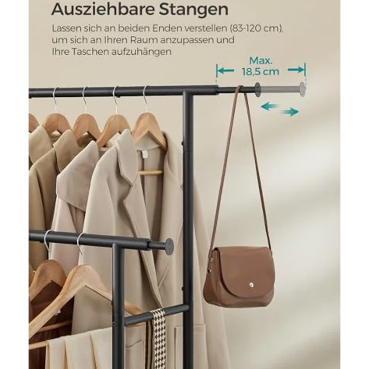 Songmics Kleiderständer auf Rollen, doppelte Stangen, ausziehbare Kleiderstangen, Garderobenständer aus Stahlrohren, bis 80 kg belastbar, 83-120 cm breit, Tintenschwarz – Bild 4