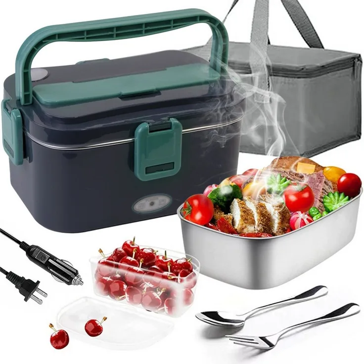 MOPUEA Elektrische Lunchbox 3 in 1 Elektrische Lunchbox Brotdose aus Edelstahl für Zuhause Auto, (1,8 L Großes Fassungsvermögen, Mit 12V/24V Autoadapter und 230V Netzadapter), Großes Fassungsvermögen mit Tragetasche und Reinigungstuch