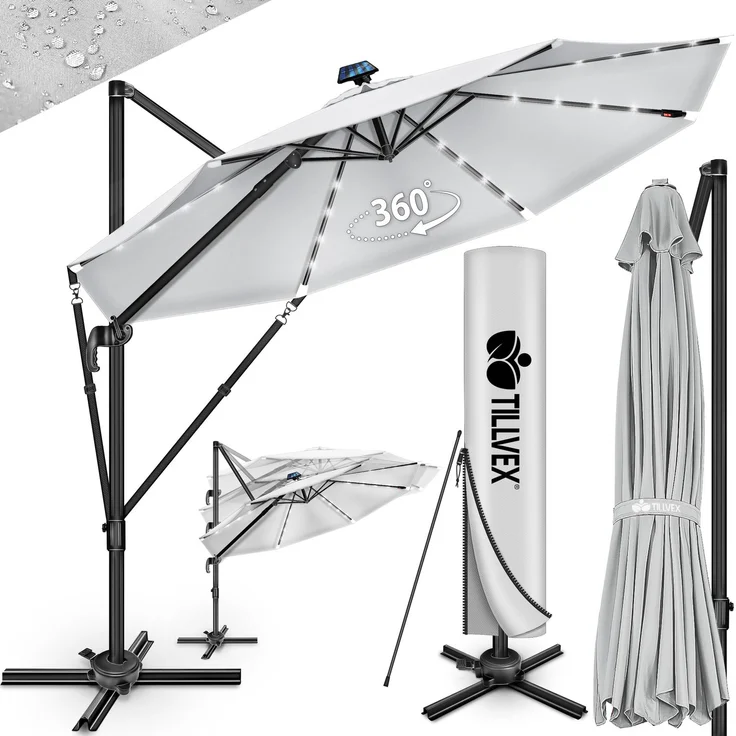 tillvex® Premium Alu Sonnenschirm 330 cm Grau + Abdeckung & Windsicherung | Ampelschirm 6-Fach Verstellbar mit Kurbel | Gartenschirm 360° Drehbar Neigbar Kippbar | Kurbelschirm UV50+ Groß wasserdicht – Bild 1