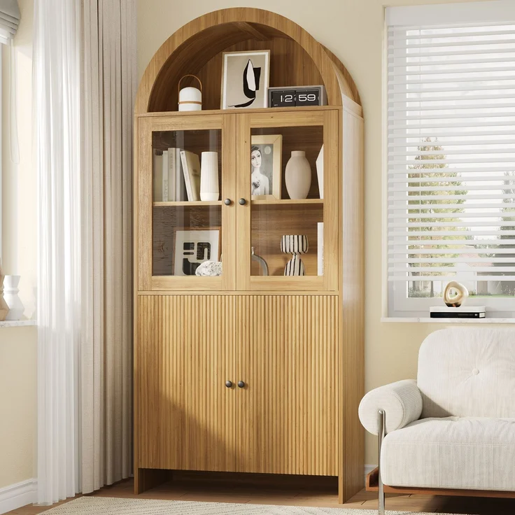 Sideboard mit Bogendecke , Vitrine mit Glastüren , Geschlossener Aufbewahrungsschrank mit Wellenmuster , Wohnzimmerschrank--Natürlich--78x40x176cm--YOUDENOVA – Bild 6