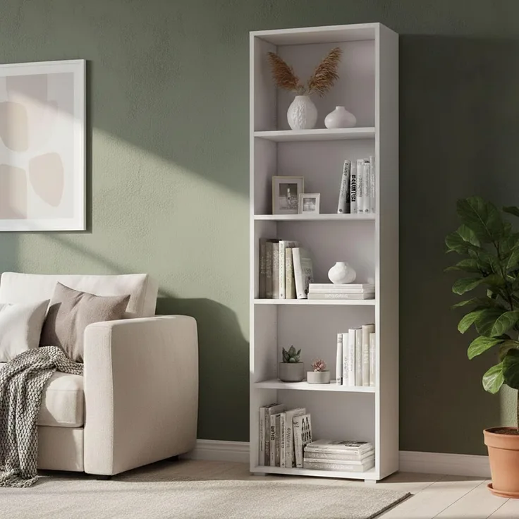 Dmora - Bücherregal Girasole, Bibliothek mit 4 verstellbaren Regalen, Bücherregal, Wandschrank mit Regalen, 100 % Made in Italy, 60 x 30 x 195 cm, Weiß