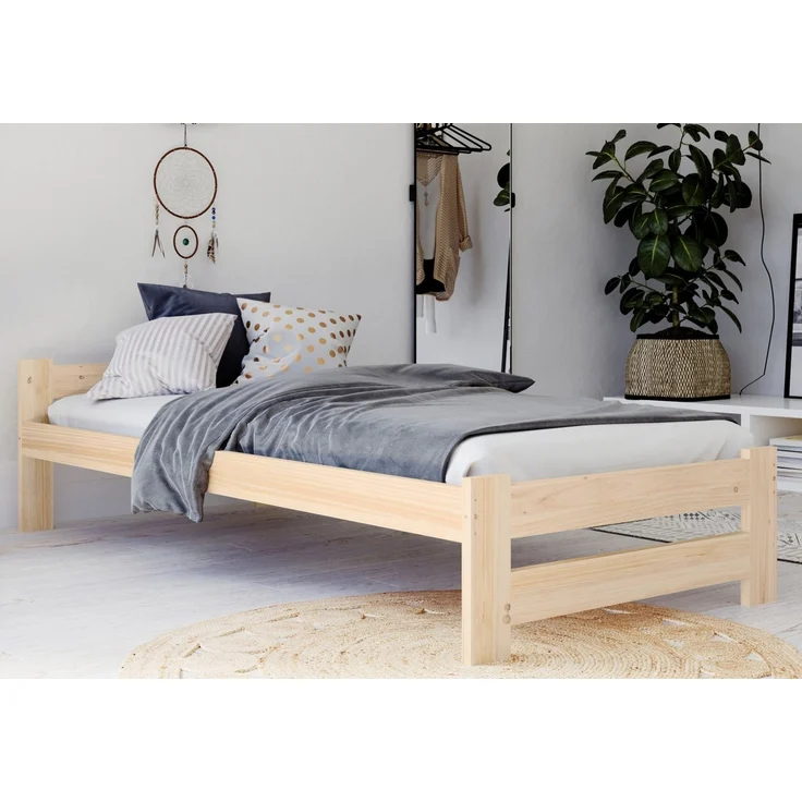 Home Collective Holzbett mit Lattenrost Modern Bett Kiefer Bettgestell Massivholzbett Klassisch (90x200, 120x200, 140x200, 160x200 cm), Einzelbett, Skandi Boho Landhaus Kopfteil flach 100x200 cm natur – Bild 1