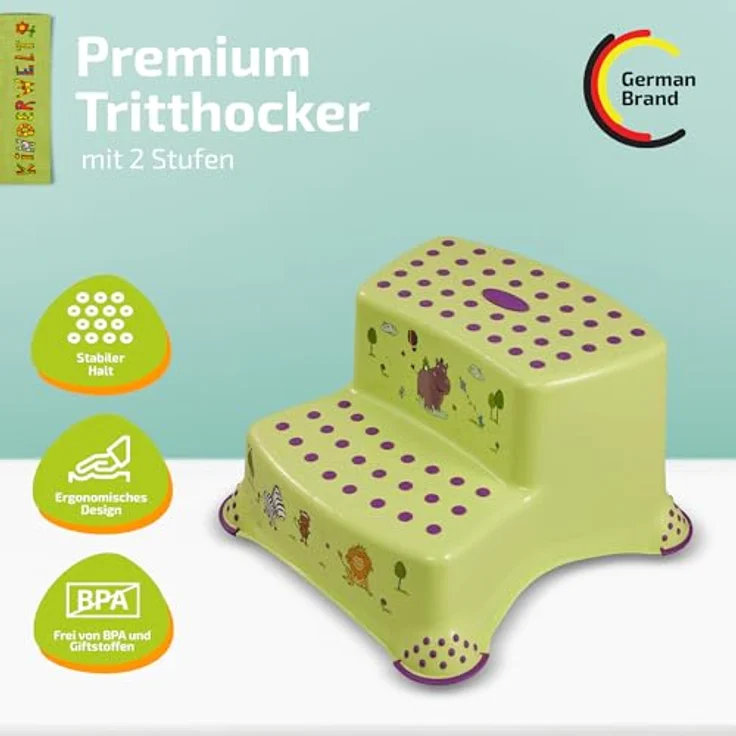 KiNDERWELT Tritthocker Premium zweistufiger Tritthocker Hippo grün stabiler Hocker – Bild 3