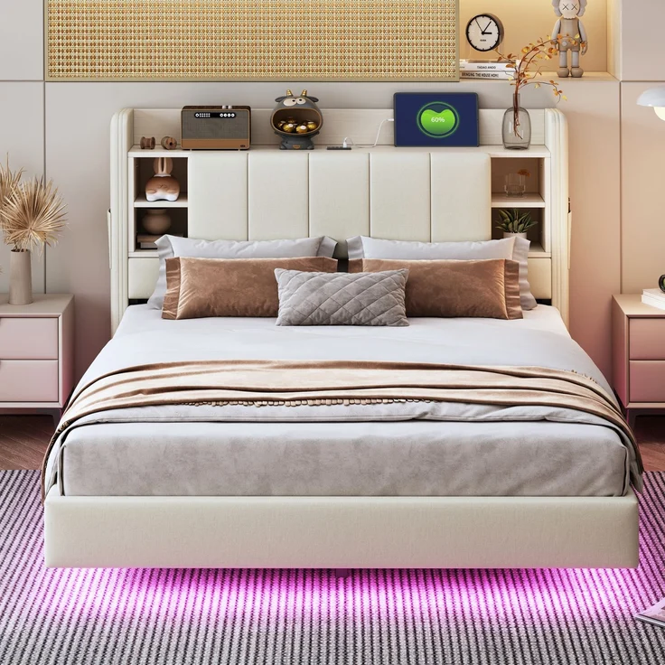 EINHOM Polsterbett 140 x 200 cm, mit USB-Steckdose und Lichtleiste, Wendbares Kopfteil mit Ablagefächern und Einlegeböden mit Kleinen Ablagefächern, Stabiler Metallrahmen, Leinenstoff, Doppelbett Beige, (Ohne Matratze) – Bild 3