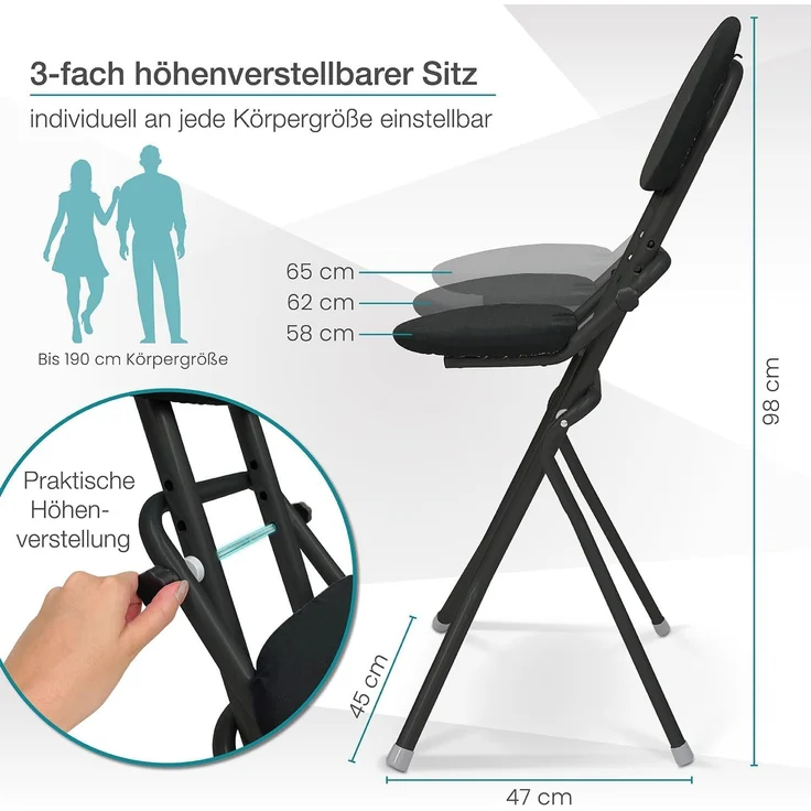 ELONEO Stehhilfe ELONEO Sitzhilfe/Bügelstehhilfe, mit Rückenkissen, belastbar bis 120kg, höhenverstellbar, rutschfest & platzsparend – Bild 4