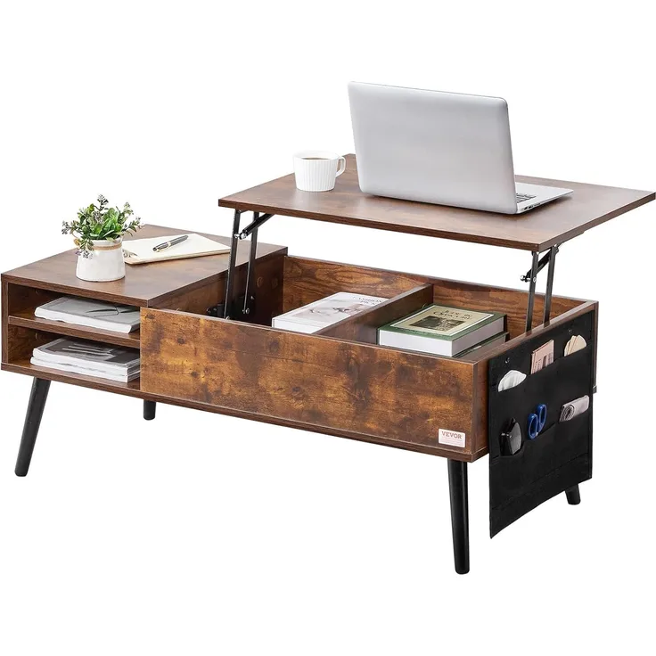 VEVOR Couchtisch mit anhebbarer Platte, 100 cm rechteckiger Beistelltisch, Sofatisch, Kaffeetisch mit zusätzlichen Aufbewahrungstaschen, offener und versteckter Stauraum, Wohnzimmer, braun
