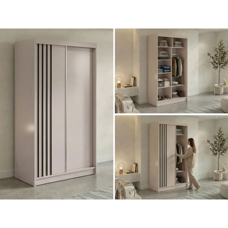 Schwebetürenschrank NAURU mit Lamellen-Optik, moderner Kleiderschrank, Breite 120 cm, inkl. Innenausstattung & Stauraum, Akustikpaneel-Design - Kaschmir und Schwarz – Bild 2