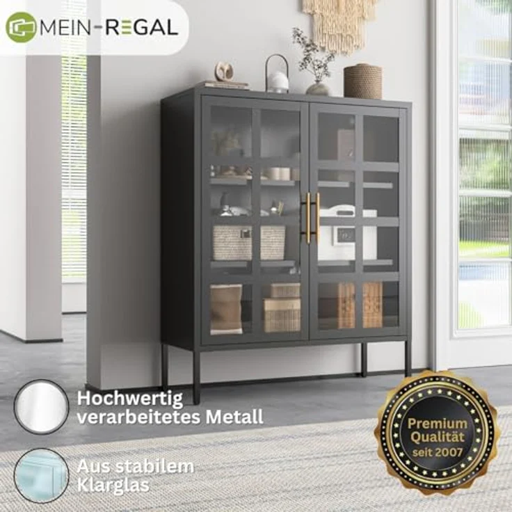 Mein-Regal Highboard Glasgow aus Metall Beistellschrank 2 Glastüren Schwarz – Bild 5