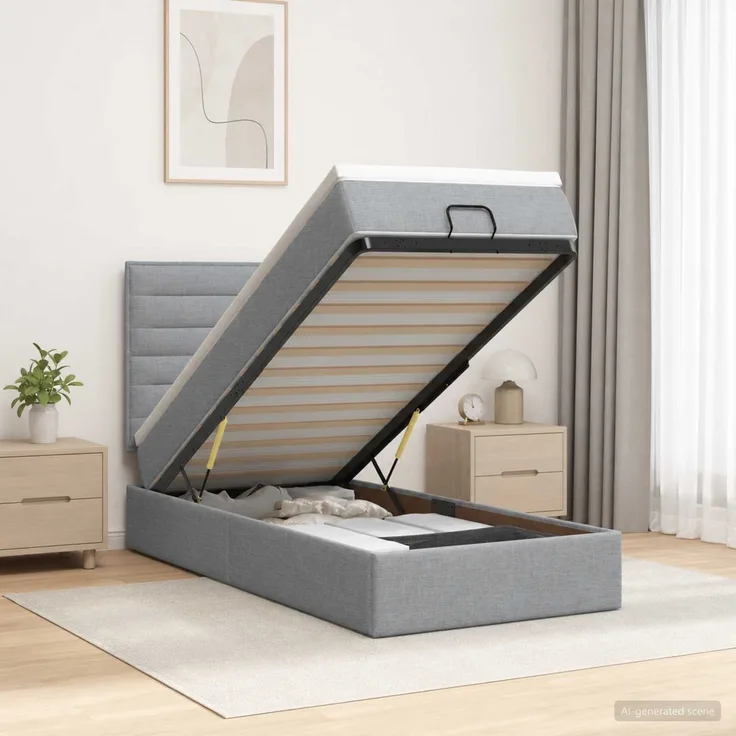 vidaXL Ottoman-Bett mit Matratze und LED Hellgrau 90 x 200 cm Stoff 3457958