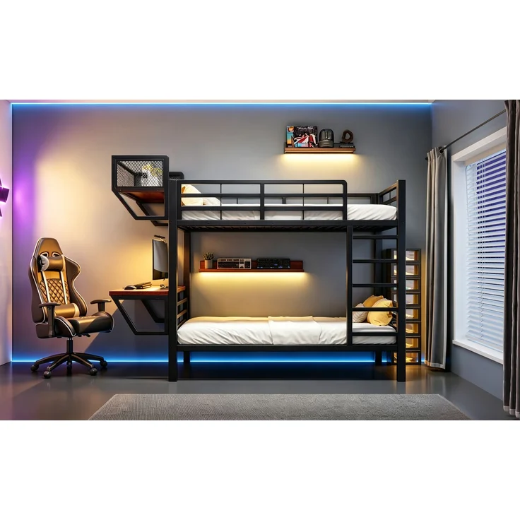 ZUBALIYA Metall-Etagenbett (90 x 200 cm) mit Schreibtisch und Ablagefächern, Lattenrost, platzsparendes Hochbett für Kinder, Jugendliche und Erwachsene, Schwarz – Bild 12