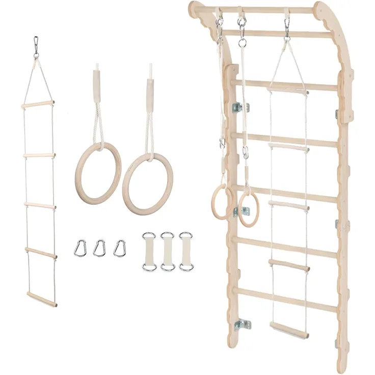 MAMOI® Midi Klettergerüst Indoor fürs Kinderzimmer | Sprossenwand (175 cm) | Turnwand + Turnringe + Strickleiter | CE | 100% ECO | Made in EU