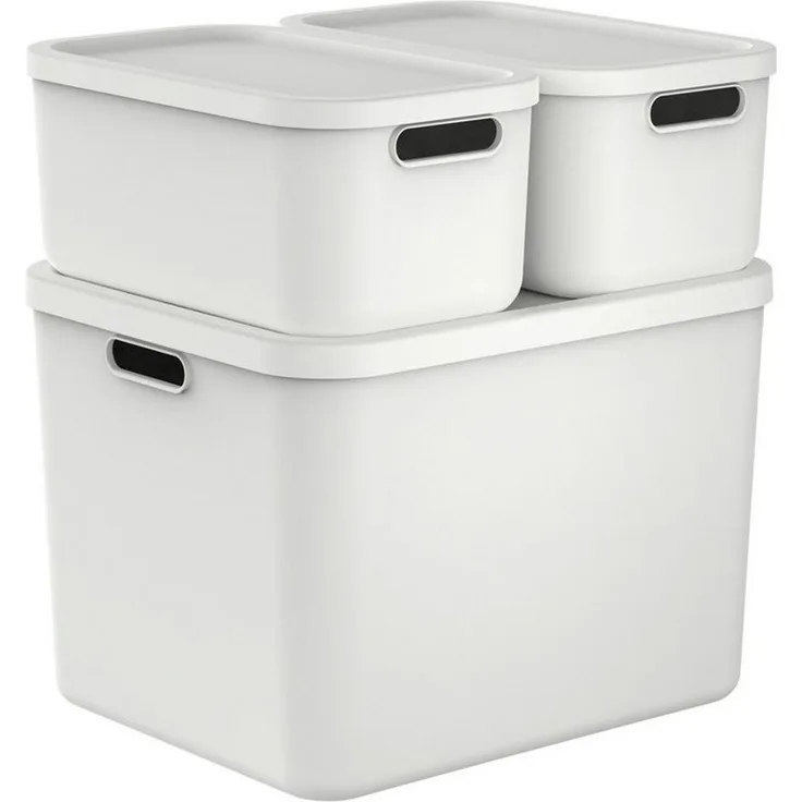 ROTHO Stapelbox Albula Light Set 3tlg. 2x 12l und 55l Aufbewahrungsboxen mit Deckel (3-teilig, Boxen-Set), Recycelt, modular, mit Tragegriffen