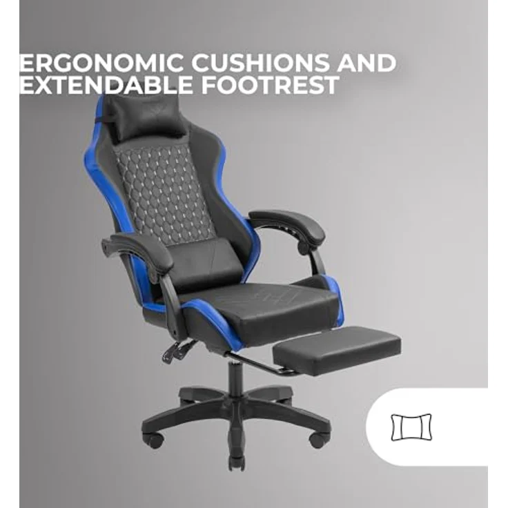 MARS GAMING MGC-X, Ergonomischer Gaming-Stuhl, Kunstleder, Verstellbare Rückenlehne und Höhe, Dynamische Armlehnen, Nacken- und Lendenkissen, Bürostuhl mit Ausziehbarer Fußstütze, Blau – Bild 6