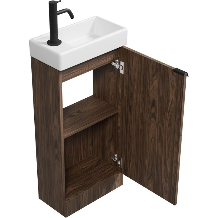 Badplaats Gäste-WC Waschtisch Set Orion 40 x 22 cm Walnuss Braun - Badmöbel Set mit Waschbecken und Stehende Unterschrank, mit Soft-Close – Bild 3