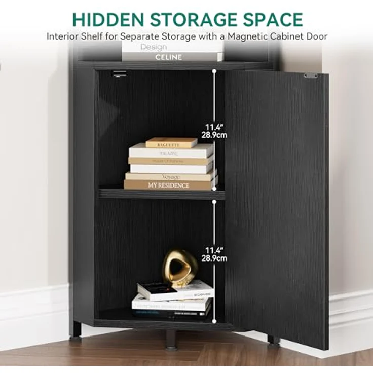 YITAHOME Eckregal mit 4 Ebenen, industrielles Bücherregal mit Schrank, freistehendes Bücherregale aus Holz, Lagerregale für Wohnzimmer, Heimbüro, Flur, Schwarze Standregal – Bild 5