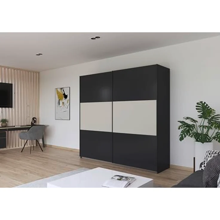 Rauch Möbel Neo, Schwebetürenschrank, Kleiderschrank, Kleiderschränke, Garderobe, Schrank mit Stauraum, 2-türig, Farbe Grau-metallic/Champagner, 218 x 210 x 59 cm – Bild 3