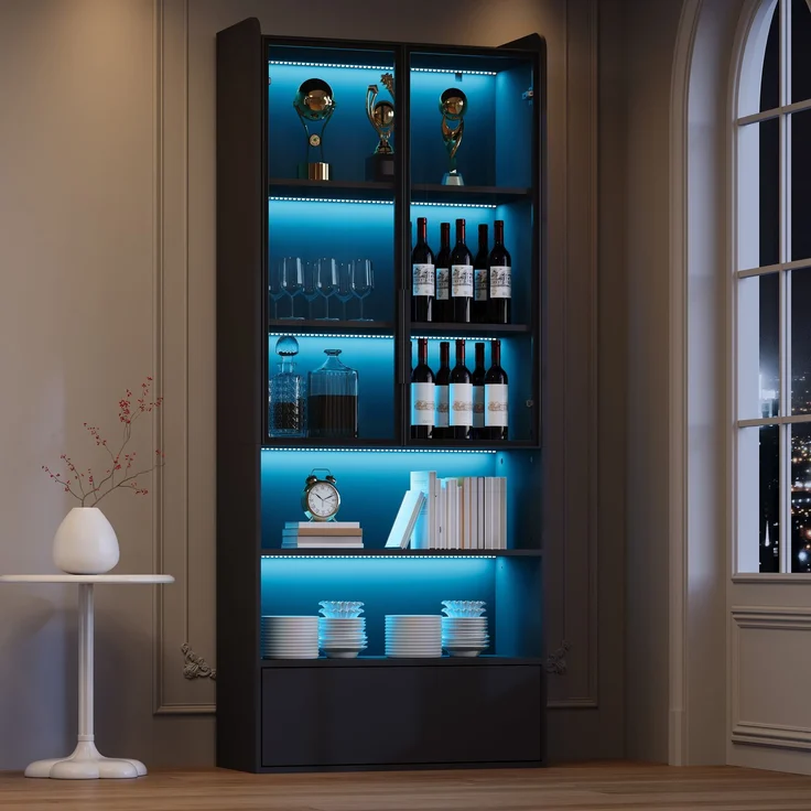 80*34*180cm Vitrine, Hochschrank mit 1 Schubladen und Glasschranktüren, Hochschrank Glasvitrine mit LED und Offene Partition, Standregal Schrank Vitrine,Wohnzimmerschrank mit Glastüren, Schwarz--Schwarz--80x34x180cm--YOUDENOVA – Bild 5