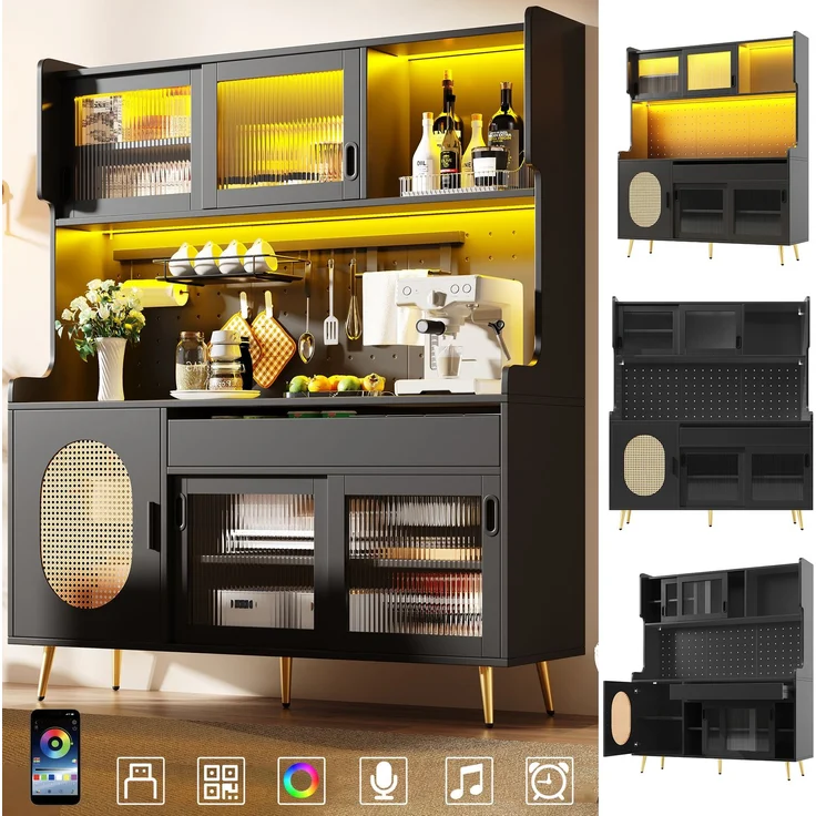 Seitenboard / Aufbewahrungsschrank / Küchenschrank / Buffetschrank, 145x39x171cm, Landhausstil, 5 Türen, mit LED-Lichtleiste & Ordnungslockplatte, Fluted Glas Türen, Braun/Schwarz – Bild 2