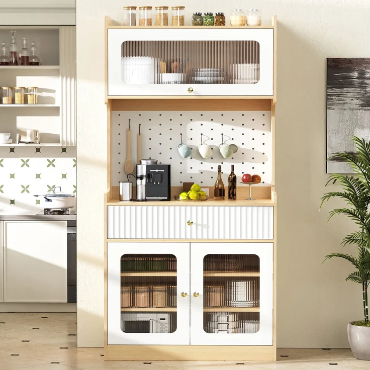 EINHOM Highboard mit verstellbaren Regalböden und Schubladen, Küchenschrank mit LED-Beleuchtung und Riffelglas, Ideal für Esszimmer, Wohnzimmer und Küche (Natur) – Bild 4