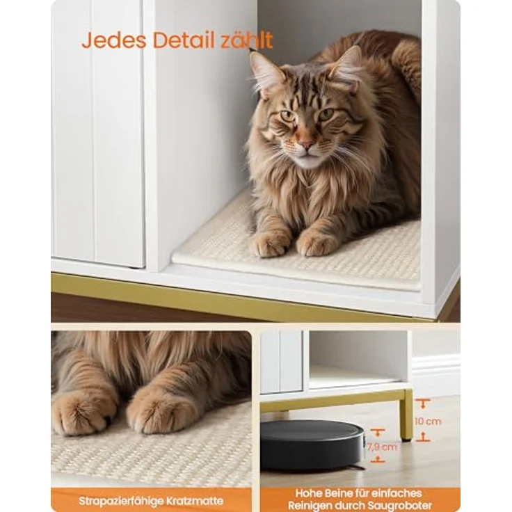 Feandrea Katzenklo-Schrank, Katzenhaus, Katzentoilette, mit Kratzmatte, hohe Beine, für Katzen, Beistelltisch, 90 x 48 x 61,5 cm, weiß-goldfarben PCL027W01 – Bild 5