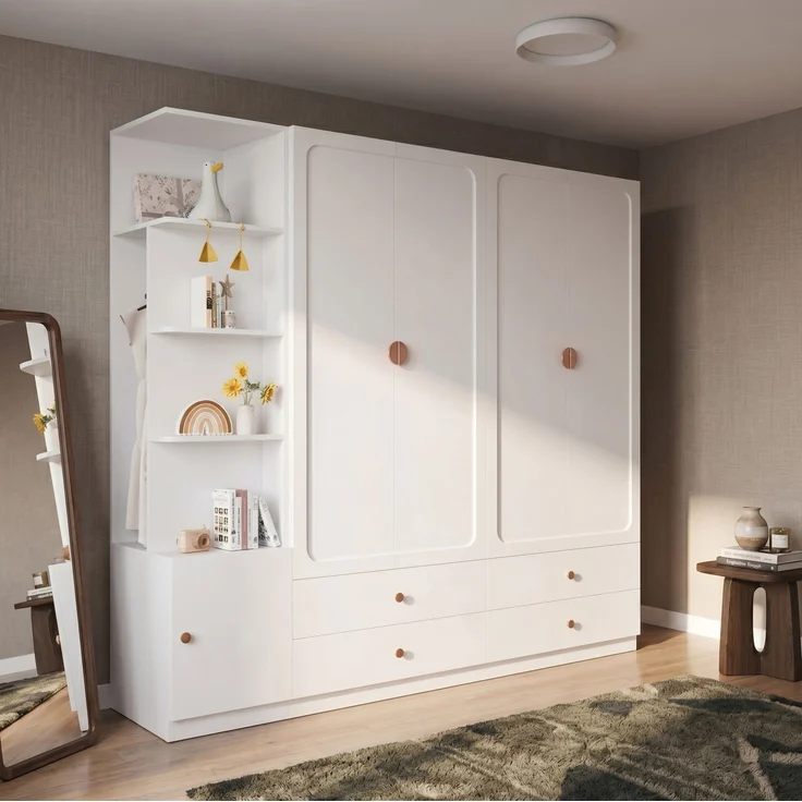 Kleiderschrank 225 x 45 x 200 cm in Weiß mit 3 Kleiderstangen und 4 Schubladen – Bild 2