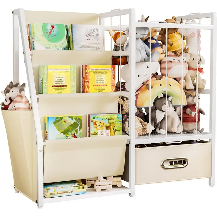 Yorbay Spielzeugtruhe 2 in 1 Bücherregal Kinderregal, Kinderzimmerregal mit Aufbewahrungsbox & Taschen, 84x30x76cm