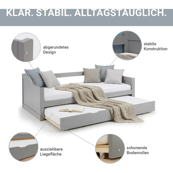Kinderbett 90x200 cm Tagesbett Ausziehbett Jugendbett Holzbett Grau Kojenbett Gästebett Funktionsbett – Bild 4