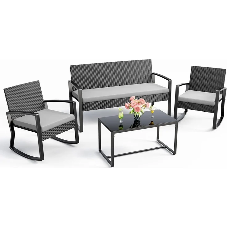 Blishom Balkonset 4-tlg. Gartenmöbel Set mit Schaukelstühlen & Glastisch – Bild 1