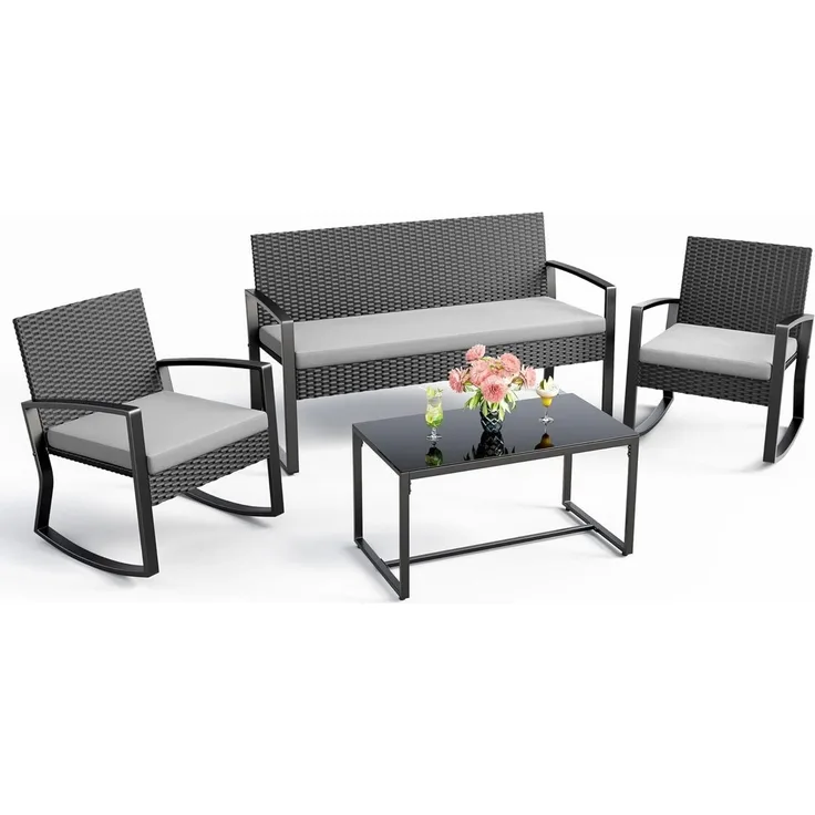 Blishom Balkonset 4-tlg. Gartenmöbel Set mit Schaukelstühlen & Glastisch
