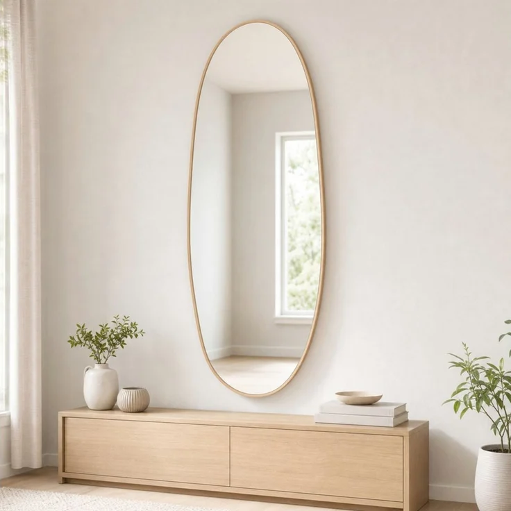 Kubus Wandspiegel Mina Organischer Design-Spiegel Aluminium Holzoptik 60x150 cm, gehärtetes Spiegelglas, rückseitige Sicherheitsfolie – Bild 3