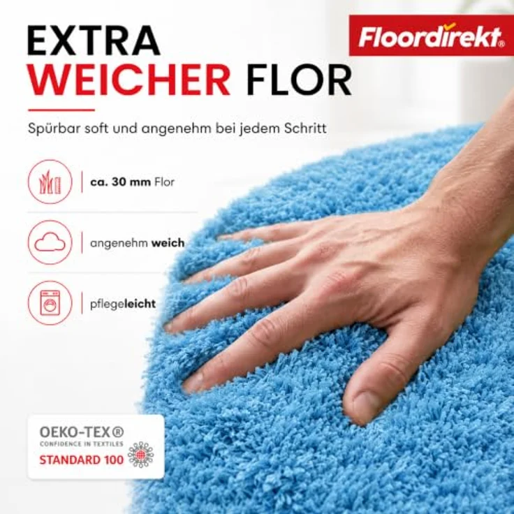Floordirekt Badematte Sky - Hochflor Badezimmerteppich, rutschhemmend & schnell trocknend, geeignet für Fußbodenheizung, eckig & rund (70 x 120 cm, Hellblau) – Bild 2