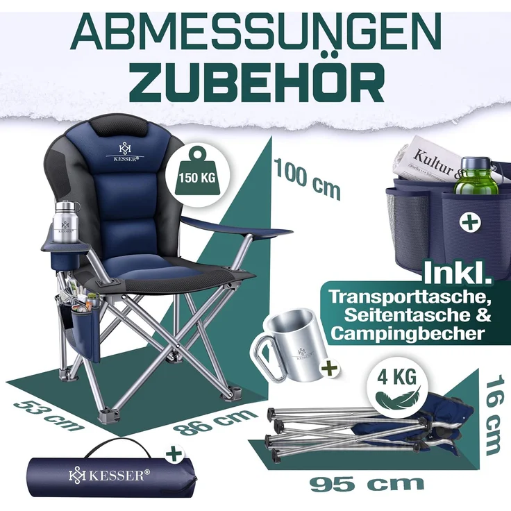 KESSER® Campingstuhl faltbar bis 150 kg Angelstuhl Faltstuhl Klappstuhl Gepolstert mit Armlehnen, Getränkehalter + Tasche mit hoher Rückenlehne, Strandstuhl, Klapphocker Navyblau / Schwarz – Bild 8